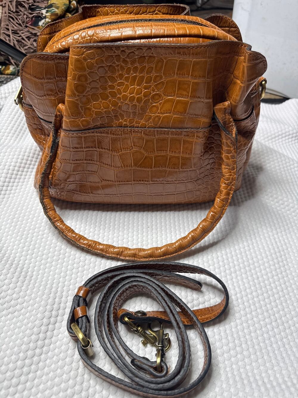 Patricia Nash Croc Embossed Leather Satchel Bag Cognac Tan Vintage Style